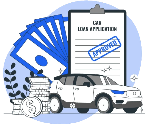 Car loan illustration showing approval form, money, and vehicle