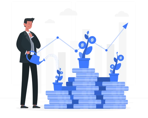 Man watering growing money stacks